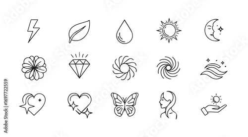 Collection of hand drawn celestial nature and abstract symbols silhouette