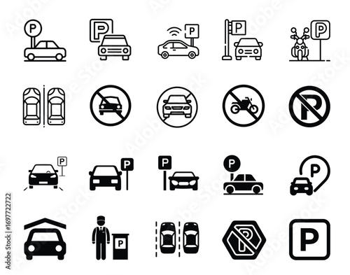 Vector pack of parking icons, includes various styles and designs, perfect for apps, websites, maps, and signage. High-quality scalable vector graphics for easy customization