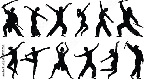 Silhouettes of people performing martial arts and dance poses with swords and knives, dynamic movement, strength, balance, action, energy, discipline, creativity