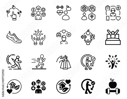 Lifestyle Icon Vector Pack – Set of modern, minimalistic icons representing everyday activities, hobbies, wellness, travel, and social interactions. Perfect for UI/UX design, websites, apps, and digit