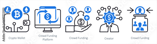 A set of 5 mix icons as crypto wallet, crowdfunding platform, crowdfunding