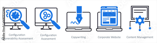 A set of 5 mix icons as configuration volunerability assessment, configuration assessment, copywriting
