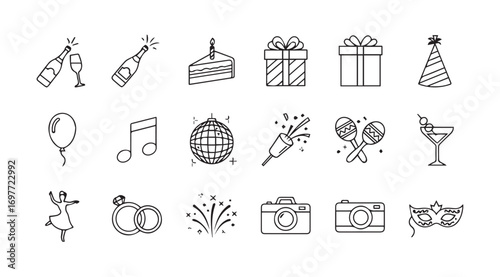 Collection of hand drawn celebration and party icons in silhouette