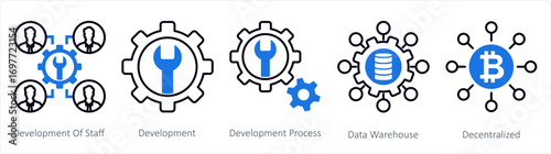 A set of 5 mix icons as development of staff, development, development process