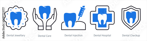 A set of 5 mix icons as dental jewellery, dental care, dental injection