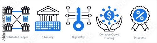 A set of 5 mix icons as distributed ledger, e banking, digital key