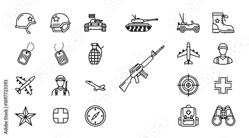 Collection of military and war related icons in a distinctive silhouette style