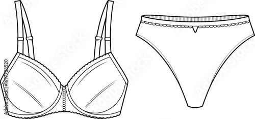 Line art fashion illustration of a bra and thong underwear set lingerie
