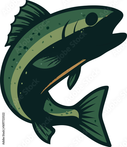 Leaping trout or salmon vector illustration, colorful stylized fish design for fishing, wildlife, outdoor and aquatic themes