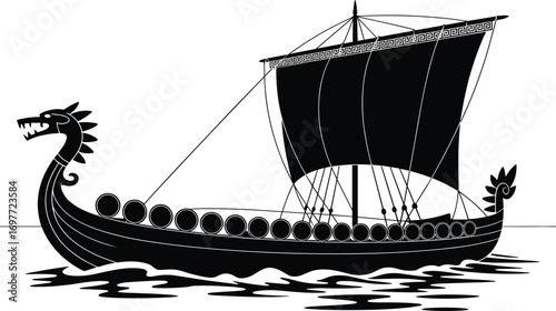Viking ship silhouette, dragon head boat, Nordic sailing ship, ancient warship at sea, historical maritime vector, black isolated design