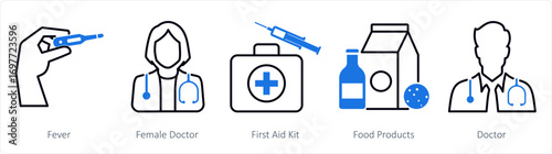A set of 5 mix icons as fever, female doctor, first aid kit
