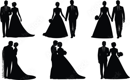 Wedding couple silhouette set, bride and groom poses, romantic marriage scenes, black wedding silhouettes, love, romance, ceremony, elegant design.