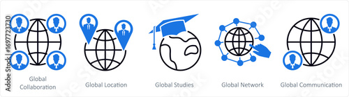A set of 5 mix icons as global collaboration, global location, global studies