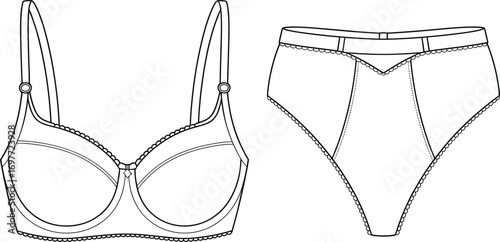 Line Drawing Fashion Flat Sketch of Bra and High Waisted Panty Set Keywords: lingerie, bra, panty, underwear, set, fashion