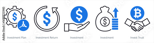 A set of 5 mix icons as investment plan, investment return, investment