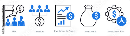 A set of 5 mix icons as ipo, investors, investment in project