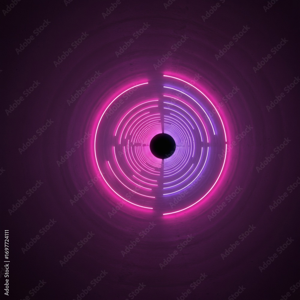 Obraz premium Surreal glowing neon circles forming an abstract digital tunnel with vibrant pink and purple lights in a futuristic design