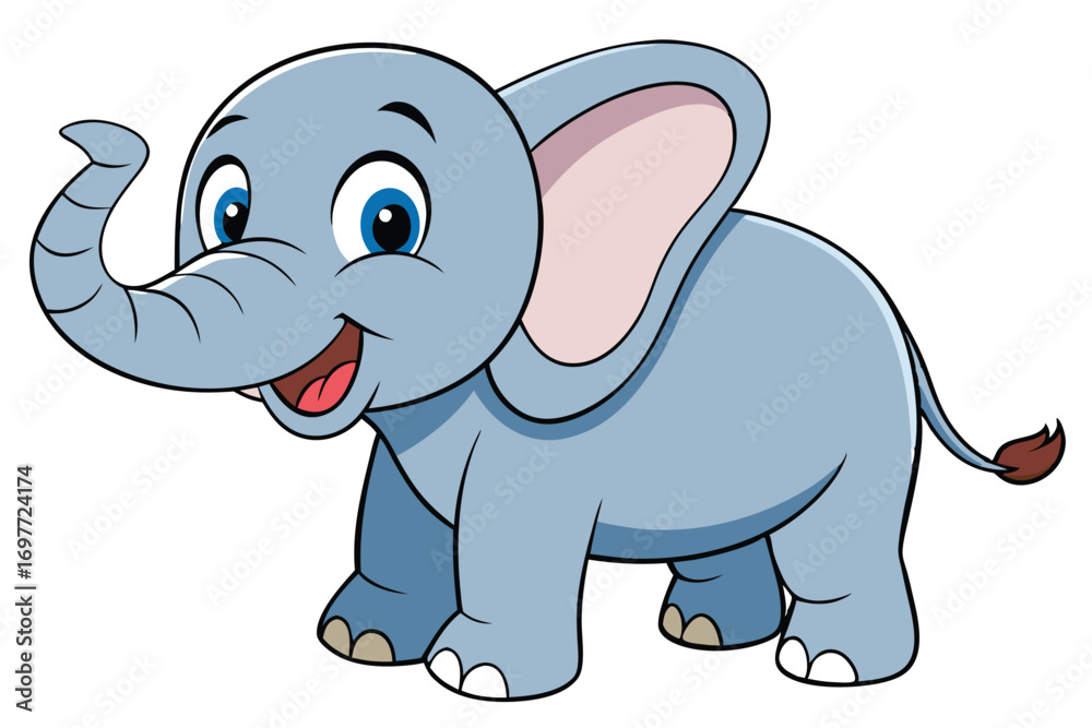 Fototapeta premium Adorable Blue Cartoon Elephant with Big Eyes Standing on White Background