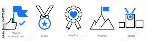 A set of 5 mix icons as mission accomplished, medal, loyality