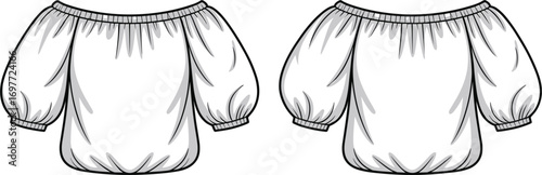 Two white off the shoulder peasant blouses with puffed sleeves and elasticated neckline and cuffs clothing