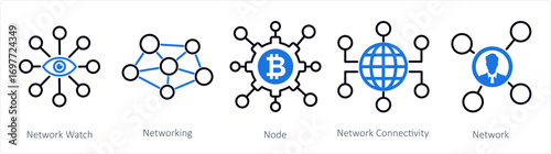A set of 5 mix icons as network watch, networking, node