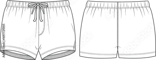 Line art fashion sketches of pajama shorts front and back views sleepwear loungewear