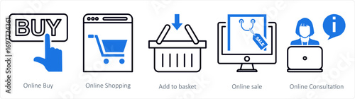 A set of 5 mix icons as online buy, online shopping, add to basket