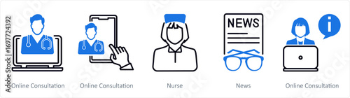 A set of 5 mix icons as online consultation, nurse, news