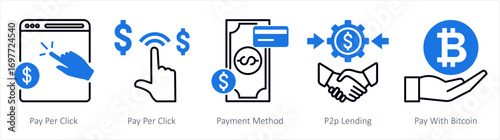 A set of 5 mix icons as pay per click, payment method, p2p lending
