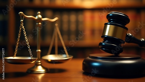 Justice and law symbolism gavel and scales of justice in a library setting