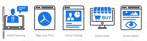 A set of 5 mix icons as online teaching, page load time, online training