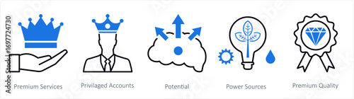 A set of 5 mix icons as premium service, privileged accounts, potential