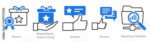 A set of 5 mix icons as reward, reward based crowdfunding, reviews