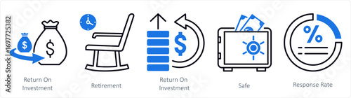 A set of 5 mix icons as return on investment, retirement, safe