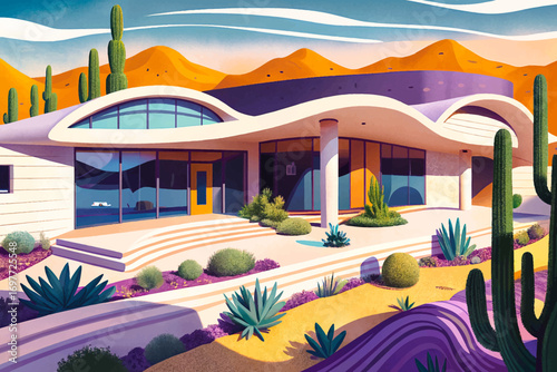 exterior architectural illustration of a luxury home featuring organic cement curves, minimalist lines, and a surrounding desert landscape, ideal for modern design projects, contemporary artwork