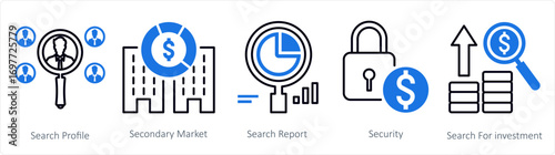 A set of 5 mix icons as search profile, secondary market, search report