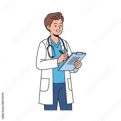 Minimalist vector of a doctor writing medical notes on a clipboard, representing documentation and patient care.