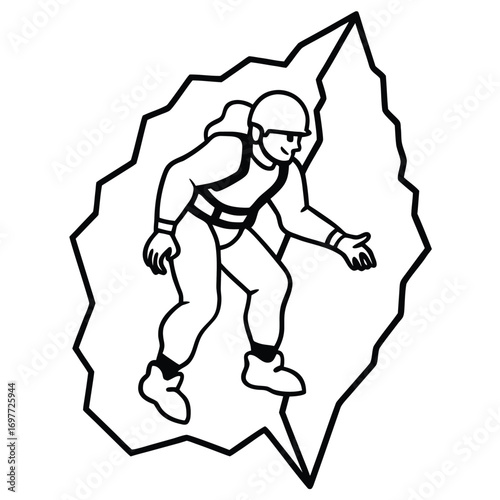 Icon of a climber descending a rock face, symbolizing adventure and extreme sports. Isolated on white
