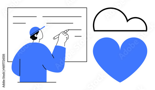 Person writing on a board in blue, adjacent to a cloud and heart symbol. Ideal for creativity, learning, ideas, emotional intelligence, education, brainstorming, a simple landing page