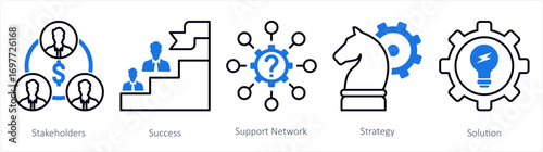 A set of 5 mix icons as stakeholders, success, support network