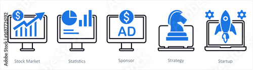 A set of 5 mix icons as stock market, statictics, sponsor