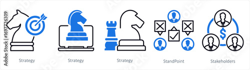 A set of 5 mix icons as strategy, standpojnt, stakeholders