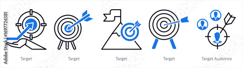 A set of 5 mix icons as target, target audience, mission