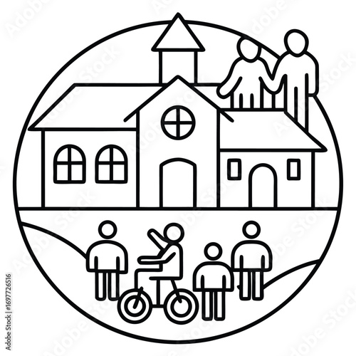 Community building and inclusion symbol with school, people, and bicycle elements