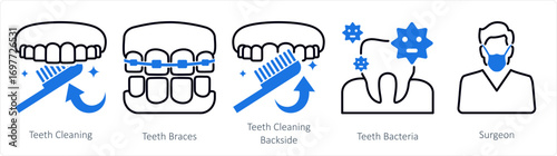 A set of 5 mix icons as teeth cleaning, teeth braces, teeth cleaning backside