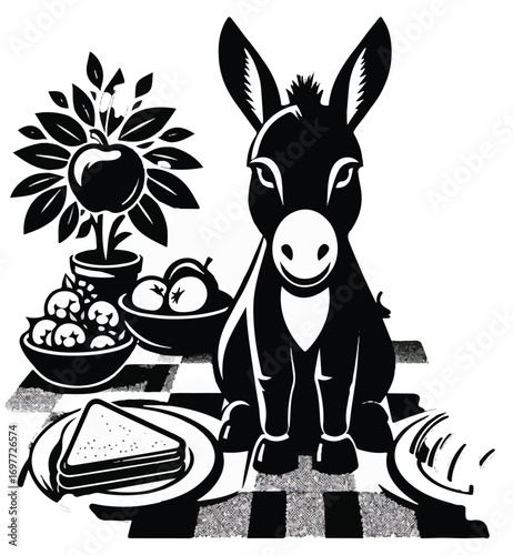 Illustration of a donkey sitting at a table with food and a potted plant.
