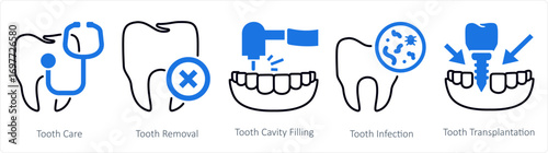 A set of 5 mix icons as tooth care, tooth removal, tooth cavity