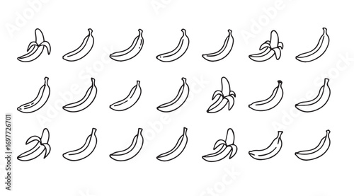A collection of banana silhouettes in various stages of peeling silhouette