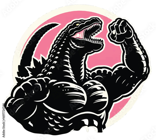 A stylized illustration of a muscular Godzilla flexing its biceps within a pink circle.