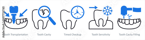 A set of 5 mix icons as tooth transplantation, tooth cavity, time checkup